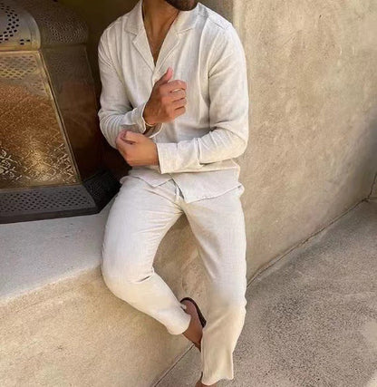 Men's Cotton Long Sleeve Lapel Shirt & Slim Fit Pants Set