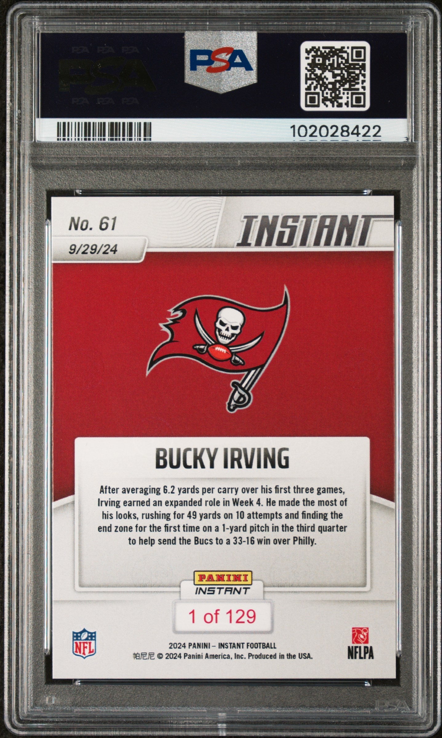 Graded 2024 Panini Instant NFL Bucky Irving #61 Rookie RC Football Card PSA 9 Mint