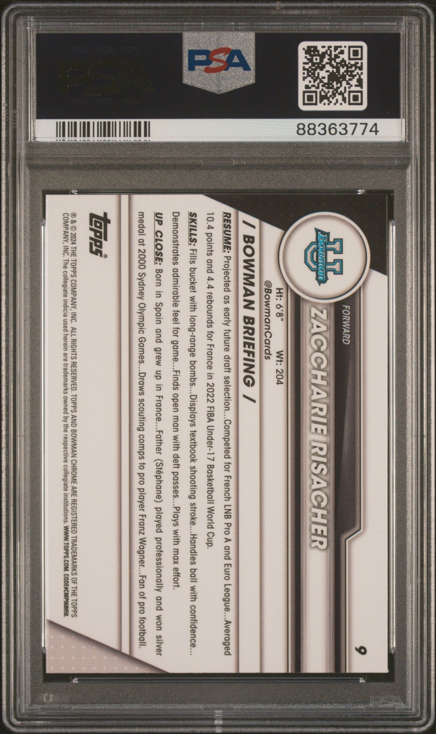 Graded 2023 Topps Bowman U Chrome Zaccharie Risacher #9 Rookie RC Basketball Card PSA 10 Gem Mint
