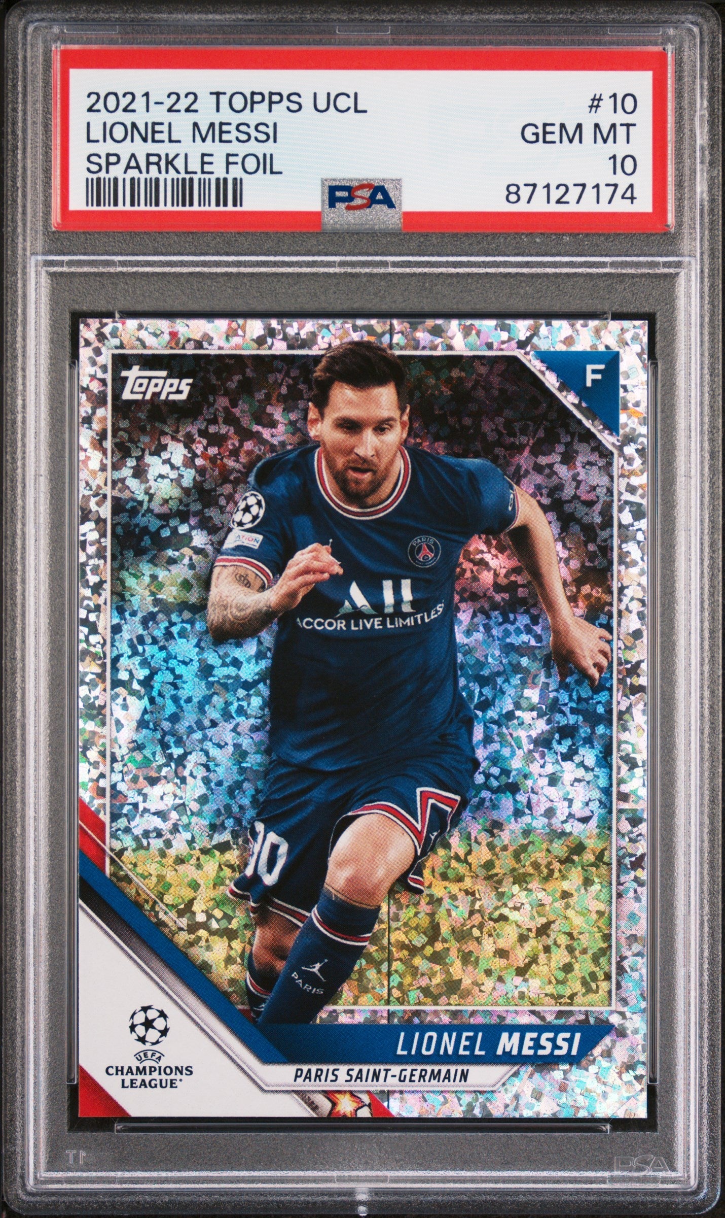Graded 2021 Topps UCL Lionel Messi #10 Sparkle Foil Soccer Card PSA 10 Gem Mint