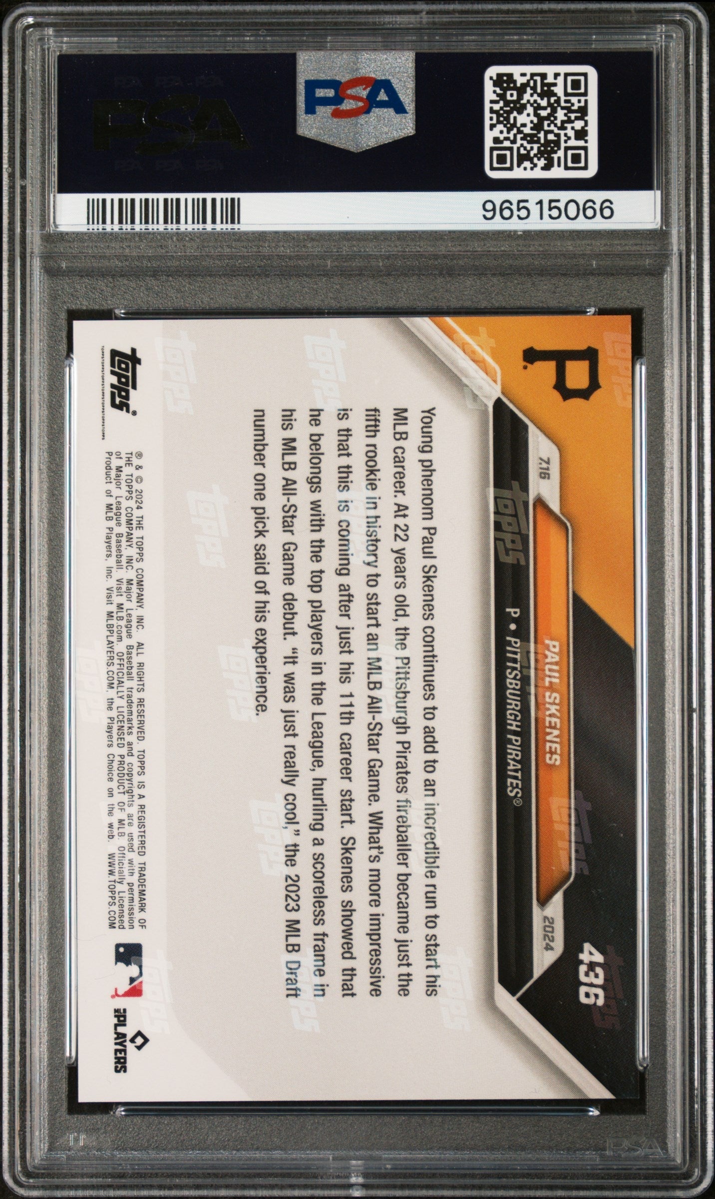 Graded 2024 Topps Now Paul Skenes #436 All Star Game Rookie RC Baseball Card PSA 10 Gem Mint