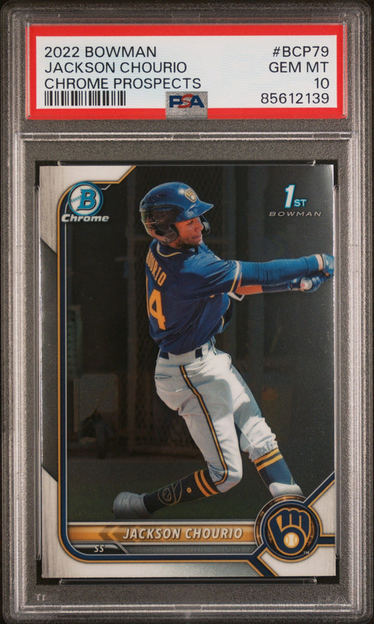 Graded 2022 Topps Bowman Jackson Chourio #BCP79 Chrome Prospects Rookie RC Baseball Card PSA 10 Gem Mint