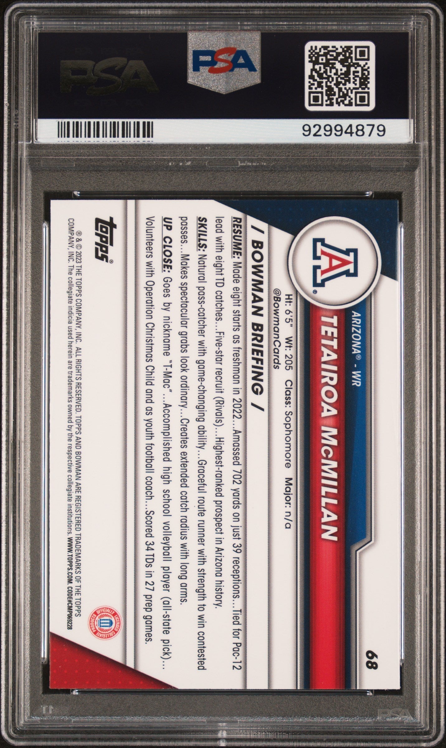 Graded 2023 Topps Bowman U Sapphire Tetairoa McMillan #68 Rookie RC Football Card PSA 10 Gem Mint