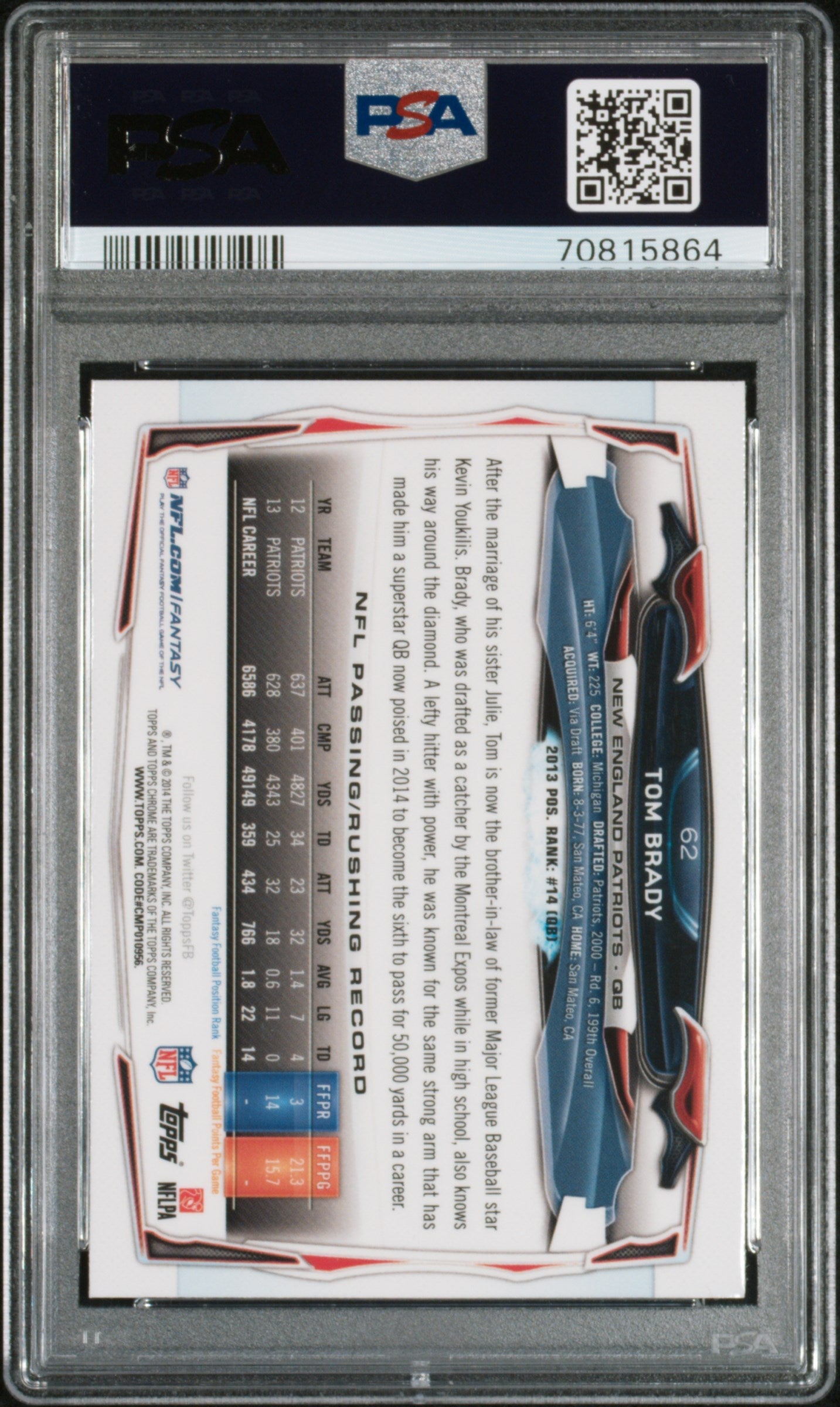 Graded 2014 Topps Chrome Tom Brady #62 Blue Jersey Football Card PSA 9 Mint