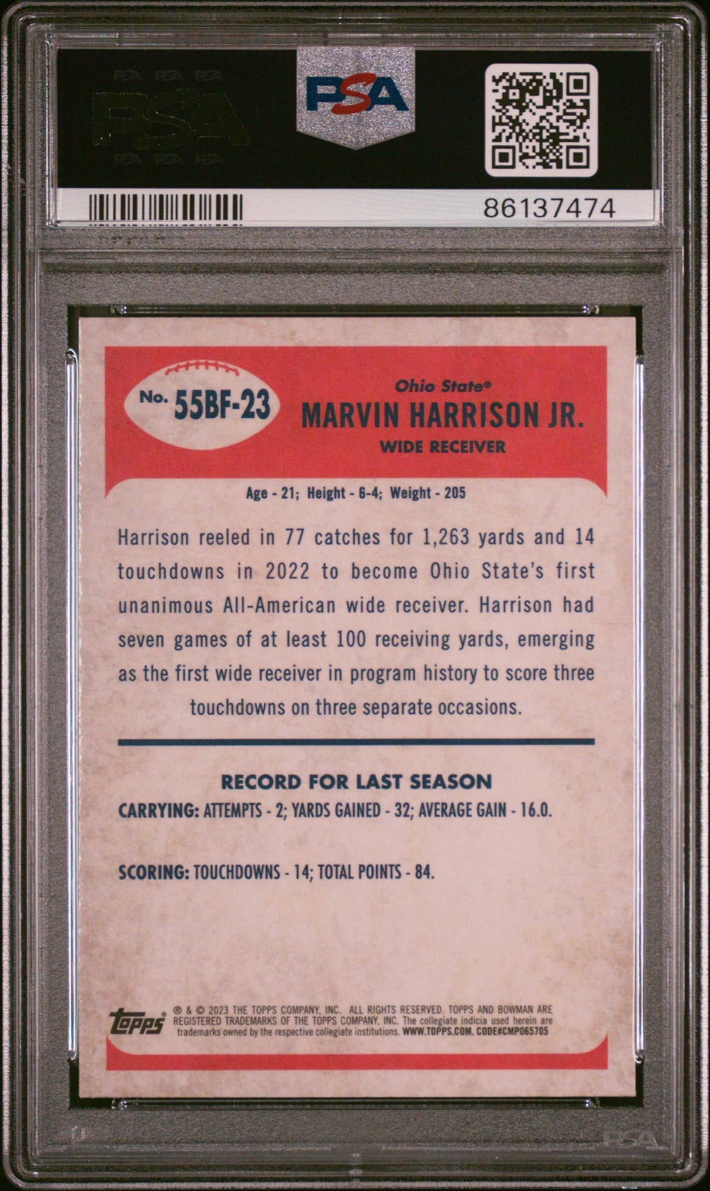 Graded 2023 Topps Bowman U Chrome Marvin Harrison Jr #55BF23 1955 Bowman Rookie RC Football Card PSA 10 Gem Mint