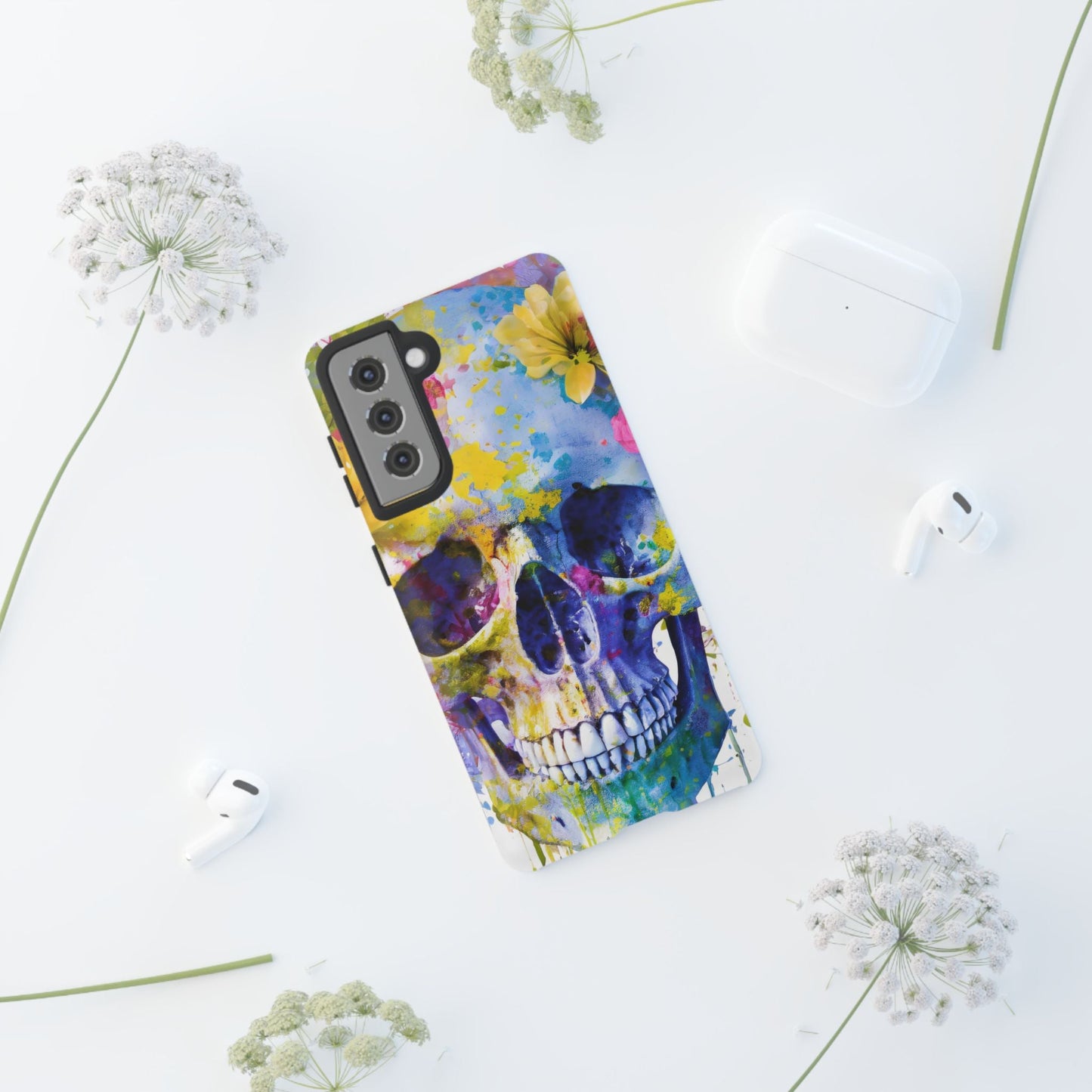 Vibrant Blue Floral Skull Tough Phone Case