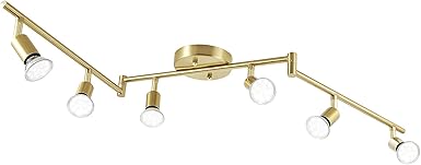 6-Light LED Track Lighting Kit, Golden Finish 6 Way Ceiling Spotlight, Rotatable Light Heads, Modern Foldable Track Light Fixtures, Included 6 x LED GU10 Bulb (4W, Daylight White 5000K, 400LM)