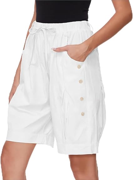 Women's High Waist Bermuda Shorts Loose Drawstring Capri Pants with Pockets Wide Leg Summer Shorts