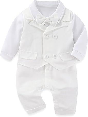 Baby Boys Baptism Romper Long Sleeve Christening outfit One-Piece Coverall Bowtie Formal Outfits Clothing White 0-3 Months