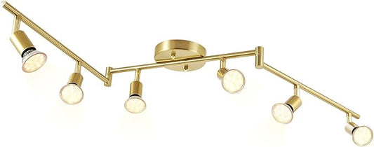 6-Light LED Track Lighting Kit, Gold 6 Way Ceiling Spotlight, Flexibly Rotatable Light Heads, Modern Foldable Kitchen Track Light Fixtures, for Living Room, Hallway-Included 6 LED GU10 Bulbs