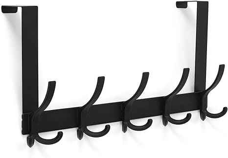 Over The Door Hooks for Hanging, Over The Door Hanger, Over The Door Towel Rack for Bathroom with 5 Triple Coat Hooks, Door Hanger Hooks Towel Hanger (Black, 1 Pack)