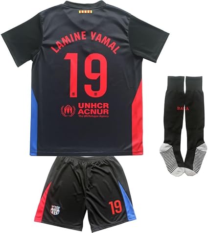 2024/2025 Barca Away #19 Lamine Yamal Football Soccer Kids Jersey Shorts Socks Set Youth Sizes