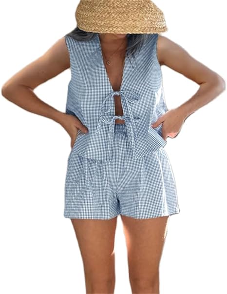 Women Casual Summer Lounge Set Y2k 2 Piece Outfits Set Sleeveless Tie Front Tank Top Vest Boxer Shorts Pj Set