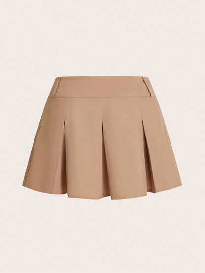 Floerns Women's Plus Size Casual Solid V Low Waist Pleated Hem A Line Mini Skirt Coffee Brown 3XL
