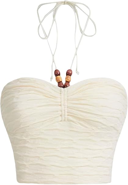 Floerns Women's Tie Backless Sleeveless Ruched Knitted Halter Crop Top