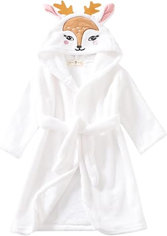 Baby Girls Boys Bathrobe, Infant Hooded Robe, Unisex Cartoon Animal Face Bathrobe Warm Flannel Sleepwear Pajamas Robe d189 White