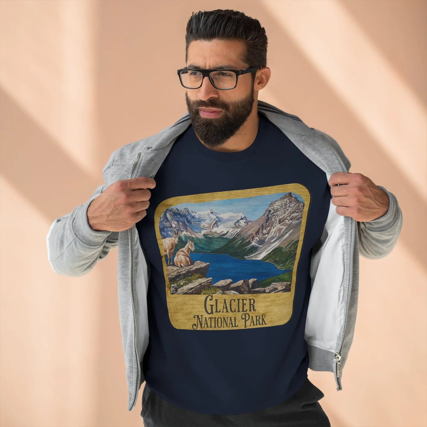 Glacier National Park Unisex Fit Crewneck Sweatshirt Wood Sign Lake View