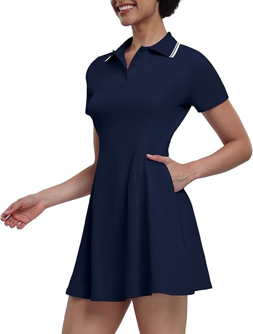 Womens Tennis Dresses Golf Dress Short Sleeve with Shorts Workout Athletic Dress