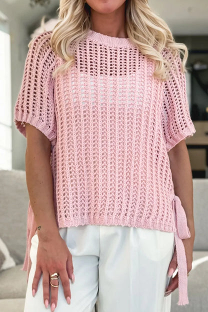 Hollow-out Crochet Side Tied Short Sleeve Knit Cover Up