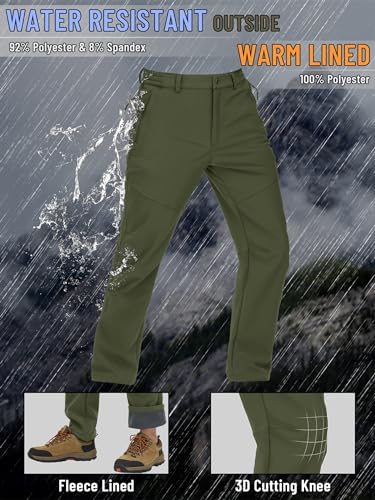 TACVASEN Men's Hiking Pants with Zipper Pocket Winter Fleece Snow Ski Pants Army Green, 32