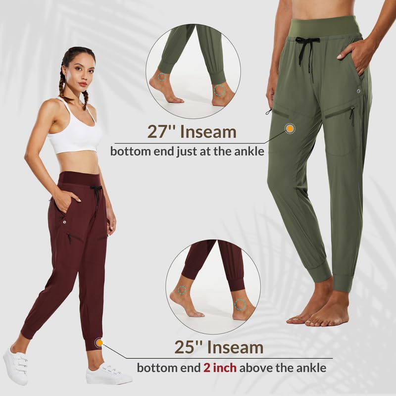 BALEAF Women's Joggers Lightweight Hiking Pants High Waist 5 Zipper Pockets Quick Dry Travel Athletic UPF50+ Black M