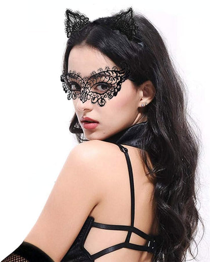 Black Cat Costume, Masquerade Mask, Lace Ears, Gloves, Tail, Choker Necklace