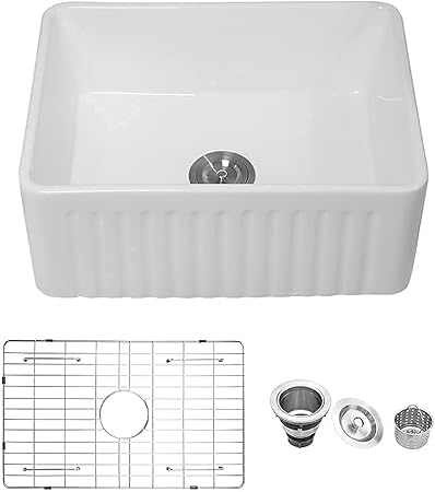 24 White Farmhouse Sink, Lofeyo 24 Inch Utility Laundry Sink Apron Front Reversible Single Bowl Fireclay Ceramic Porcelain Sink for Kitchen Laundry Room