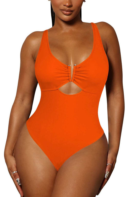 Viottiset Women's One Piece Swimsuit Tummy Control Cheeky High Cut Out Bathing Suit Backless Monokini Neon Orange L