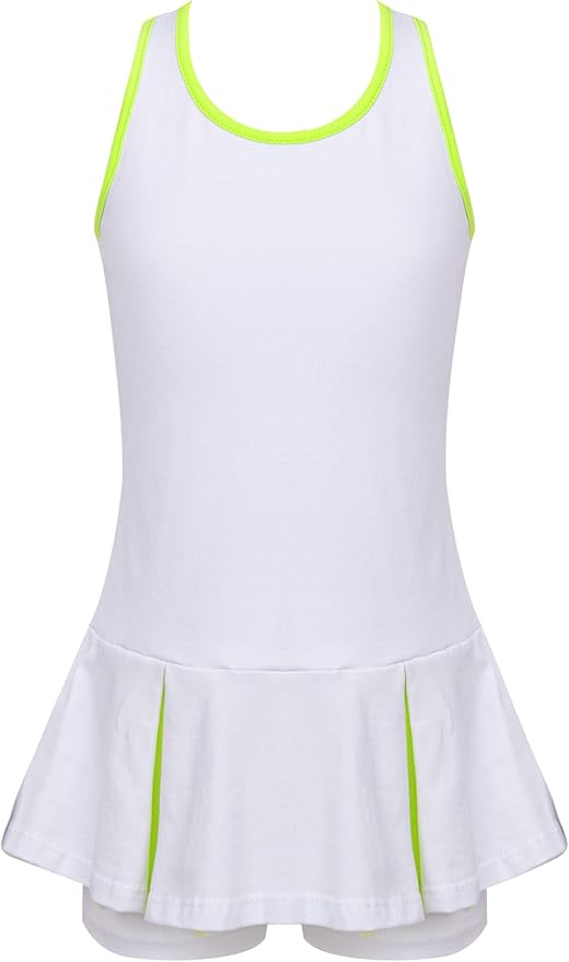 Kids Girls Pleated Tennis Golf Dress Workout Outfits Solid Color Sleeveless Sports Dress with Shorts