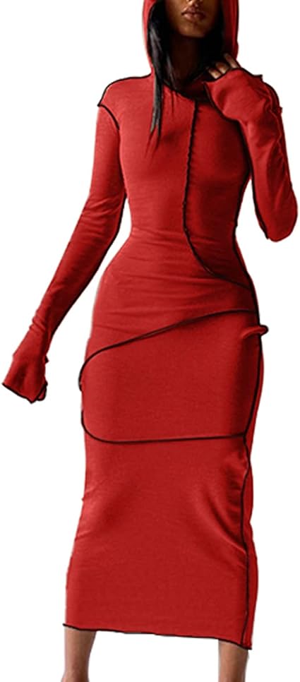 LuFeng Women's Sexy Long Sleeve Bodycon Solid Hoodie Patchwork High Waist Long Dress