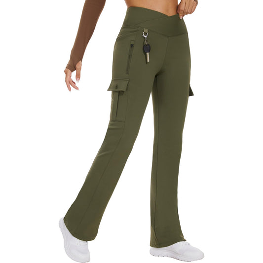 Flare Leggings for Women Yoga Crossover High Waist Pants with Tummy Control Workout Cargo with 5 Pockets Bootcut Leggings,Army Green(XL)