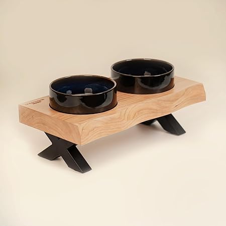 Raised Cat Ceramic Bowls for Small and Medium Dog, Solid Wooden Dog Food Bowl with Stand, Food Feeding Dishes Water Bowl for Cats and Puppy(Cherry Wood)