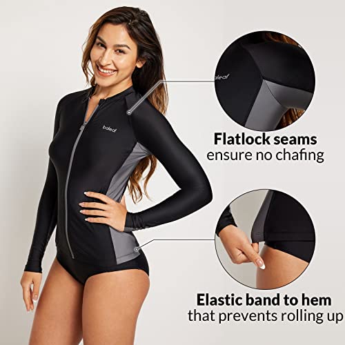 BALEAFWomen's Long Sleeve Rash Guard Zip Front Swim Shirts Sun Protection Swimsuits Jacket Black/Grey M