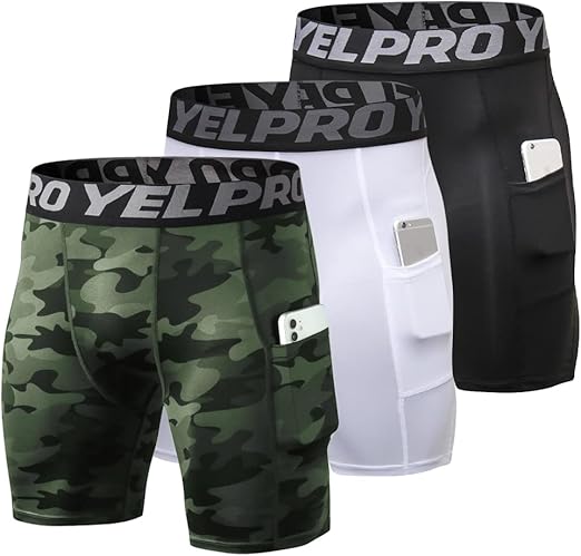 Men's Athletic Compression Spandex Running Workout Tight Pockets Active Baselayer Shorts Underwear, Camo Green, white, black, Large