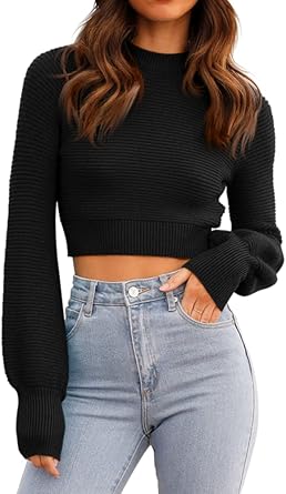 GeGekoko Womens Sexy Crew Neck Cropped Sweaters Ribbed Knit Long Sleeve Crop Tops Pullover