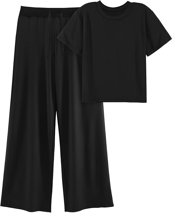 Women's 2 Piece Outfits Casual Short Sleeve Top and Straight Leg Pants Comfy Lounge Set Travel Tracksuits Loungewear