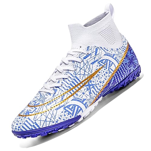 HaloTeam Soccer Shoes Mens Cleats High-Top Outdoor Professional Training Turf Football Boots Breathable Athletic Sneaker for AG/FG,White,7.5 US