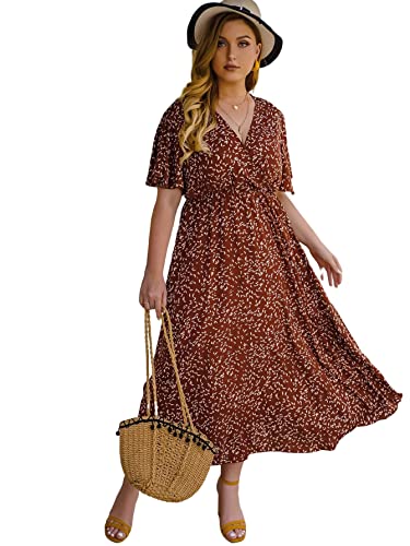 Floerns Women's Plus Size Boho Floral V Neck Short Sleeve A Line Long Dress Rust Brown 2XL