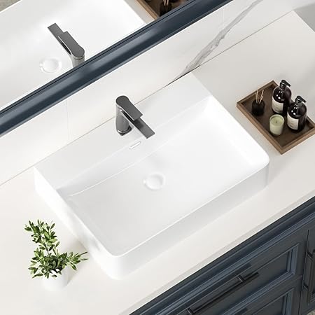 24 Inch Bathroom Sink Wall Mounted or Platform Mounted Installation Over Above Counter Top White Porcelain Rectangular Vessel Sink with Overflow Hole 24 x 16 Bath Basin Vanity
