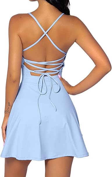 QINSEN Womens Two Pieces Tennis Dress with Shorts Workout Open Back Active Golf Dresses