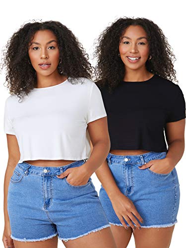 Floerns Women's Plus Size 2 Pcs Basic Short Sleeve Solid Crop Tops Tee Shirts Black and White 2XL