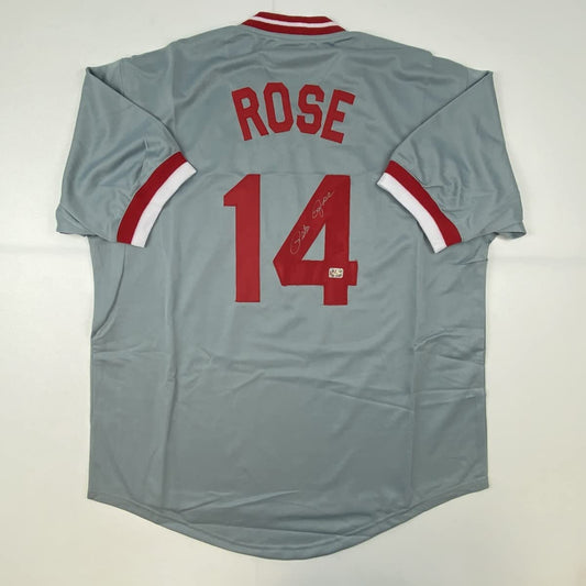 Autographed/Signed Pete Rose Cincinnati Grey Baseball Jersey Athlete Hologram COA Holo