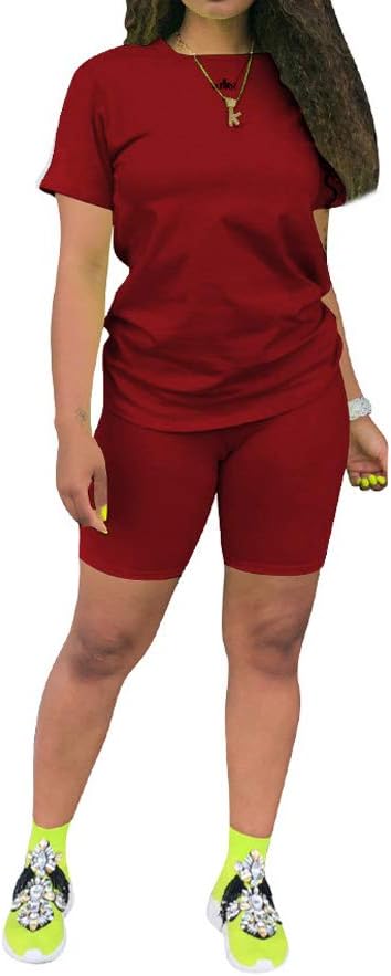 KINIKO Women's 2 Piece Casual Fashion Sports Solid Color Suit short Sleeve top and Pants Set Sweatshirt