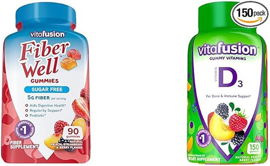 Vitafusion Fiber Well Sugar Free Fiber Supplement & Vitamin D3 Gummy Vitamins for Bone and Immune System Support, Peach, Blackberry and Strawberry Flavored, 50 mcg Vitamin D, 75 Day Supply, 150 Count
