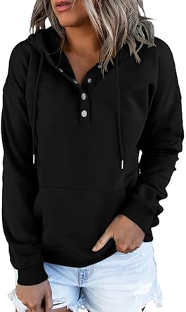 Dokotoo Womens 2024 Hoodies Button Collar Drawstring Hooded Pullover Sweatshirt Casual Long Sleeve Tops Shirts