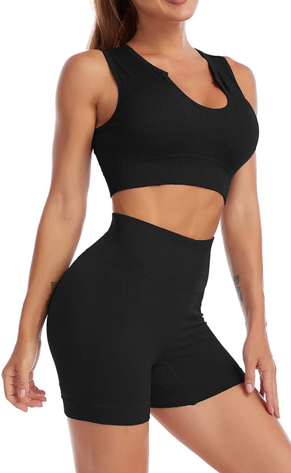HAODIAN Women's Ribbed Workout Outfits 2 Piece Seamless High Waist Yoga Sports Bra and Shorts Sets Black,M