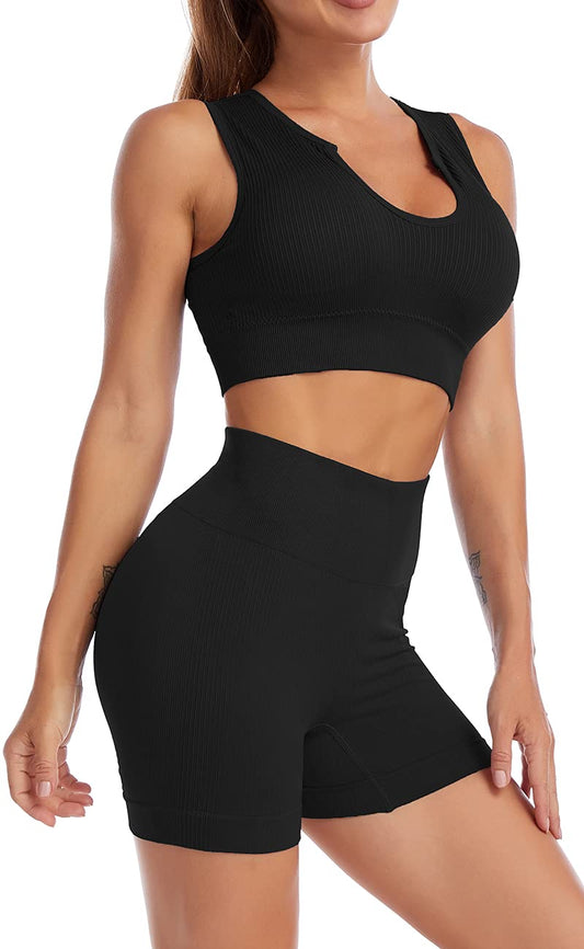 HAODIAN Women's Ribbed Workout Outfits 2 Piece Seamless High Waist Yoga Sports Bra and Shorts Sets Black,M