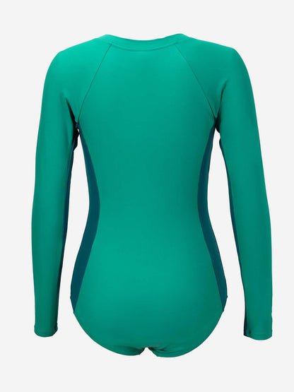 CUPSHE Women's One Piece Swimsuit High Neck Long Sleeve Zip Fixed Cups Color Block Bathing Suit, M