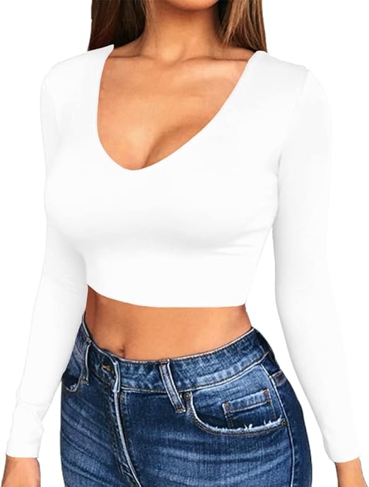 Artfish Women Long Sleeve Stretchy Crop Top Sexy Slim Fitted Fleece Lined Cropped Shirts
