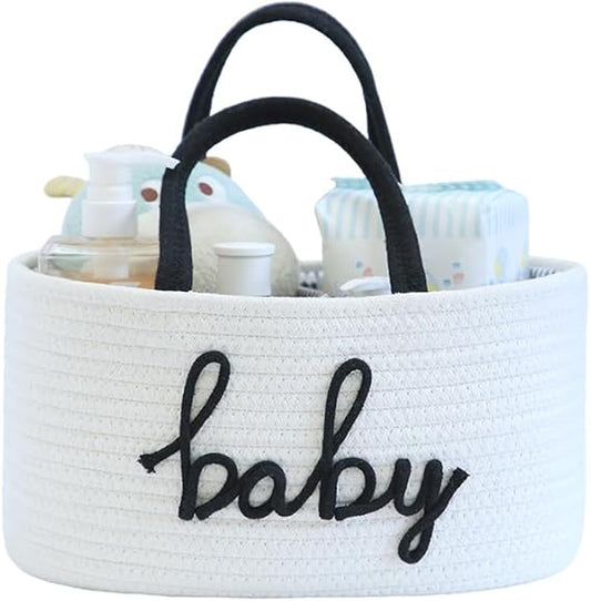 Baby Diaper Caddy Organizer, Nursery Storage Bin Basket for Baby Shower and Baby Wipes- Cotton Rope Portable Diaper Bag for Changing Table, Newborn Essentials Gift-White